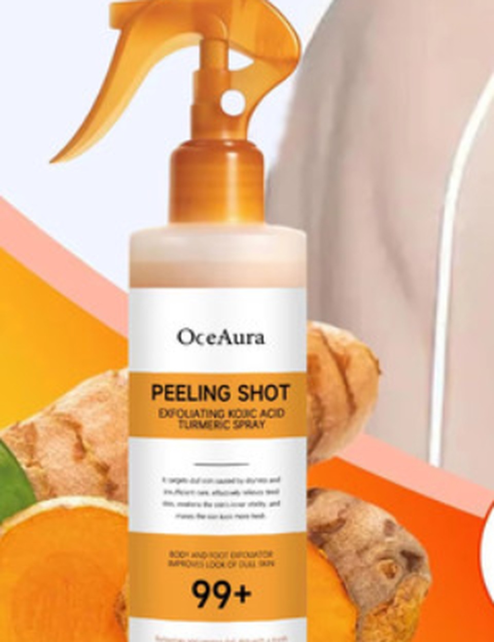 The SUNMERE spray surrounded by fresh turmeric root