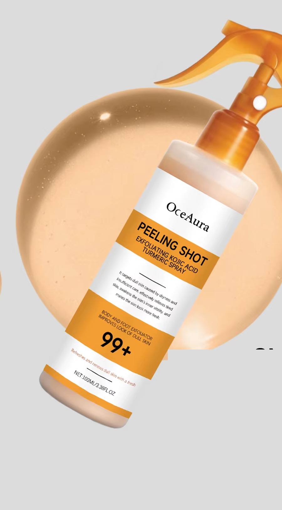 The SUNMERE exfoliating spray bottle with a golden serum droplet