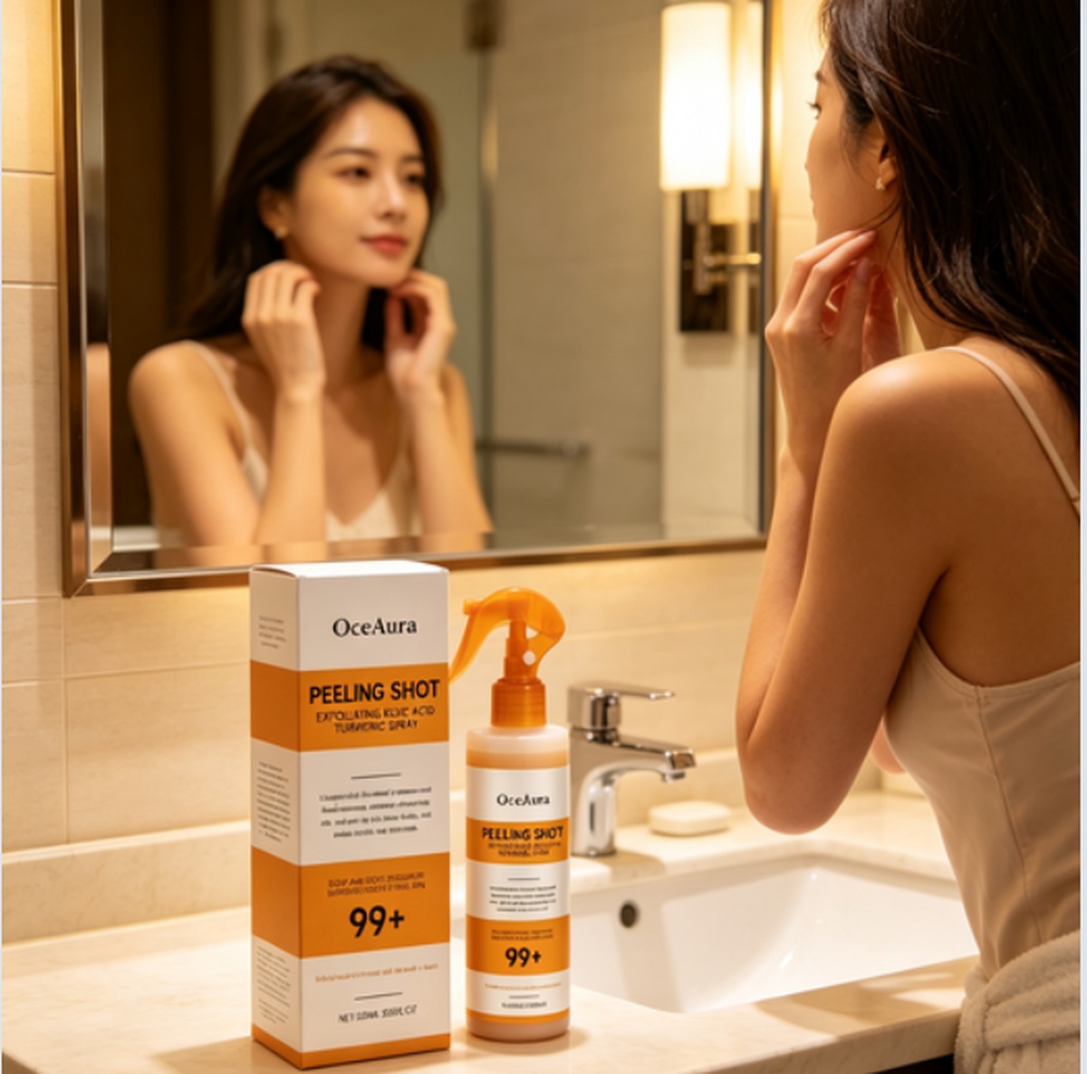 Woman at a warmly lit bathroom vanity beside the SUNMERE exfoliating spray